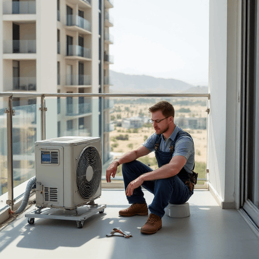 Technician checking unit on balcony to estimate split system installation time – call 0420 718827