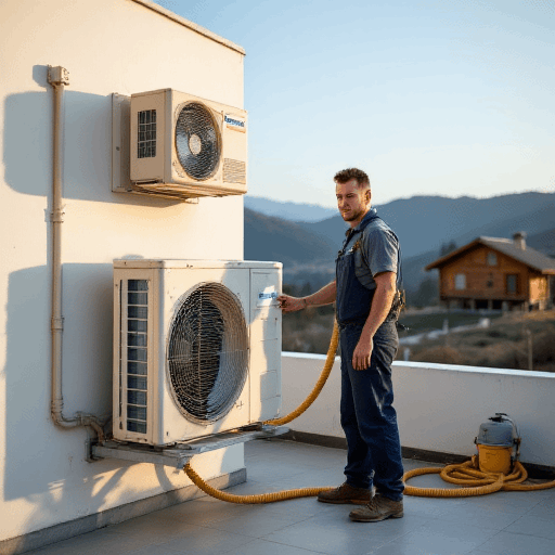 Technician adjusting rooftop outdoor units, checking split system electrical connections in a rural setting