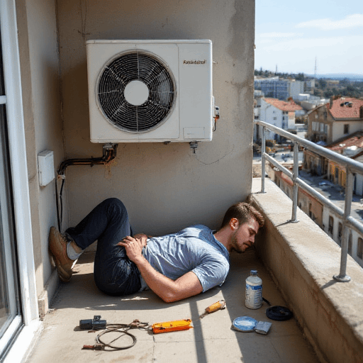 Weary technician lying exhausted beside AC unit and tools, illustrating indoor unit placement mistakes