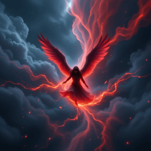Winged demonic figure with crimson gown overlooking indoor unit placement errors amid stormy red lightning