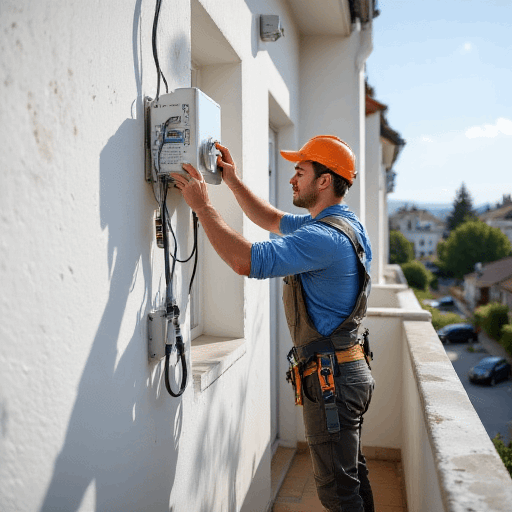 Indoor unit placement expert adjusts exterior wiring on balcony utility box – call 0420 718827 for installation.