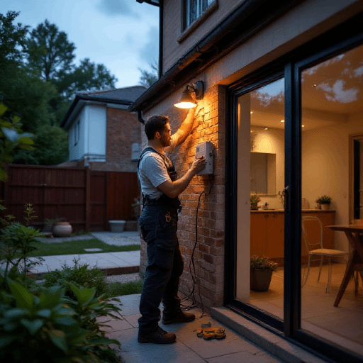 Technician in work overalls fits exterior lighting on a brick wall at twilight, while bushfire air quality makes the garden