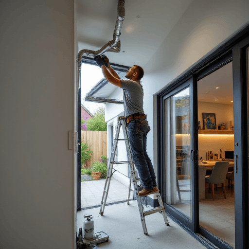 HVAC tech installs ductwork at open sliding door to safeguard bushfire air quality in kitchen