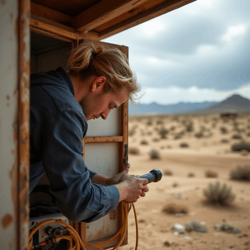 Blonde technician checks electrical gear in desert trailer as bushfire air quality worsens