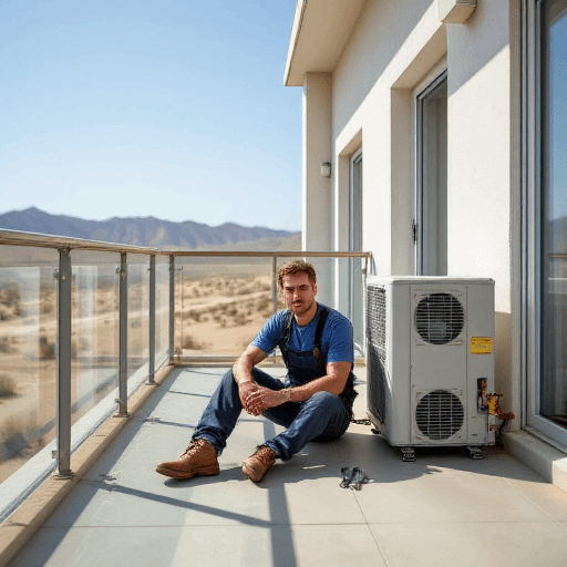 HVAC technician in blue overalls sitting by an air conditioner as bushfire air quality impacts Brisbane homes