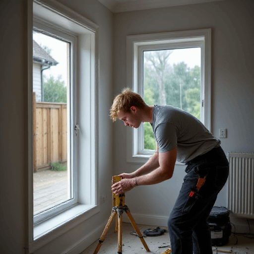 Precision Laser Level Adjustment Technician in gray workwear adjusts laser level on window frame, showing precision installation work unaffected by e-bike