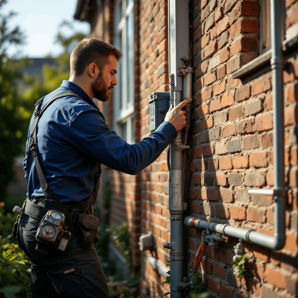 Technician Examining Pipe on Weathered Brick Aircon technician checks metal pipe on weathered brick wall while discussing e-bike fines Brisbane; call 0420 718827