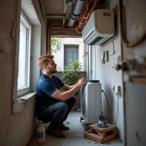 Air Conditioner Inspection in Dim Room Young man in blue and jeans inspects a wall AC; plants visible behind. E-bike fines brisbane? Call 0420 718827.