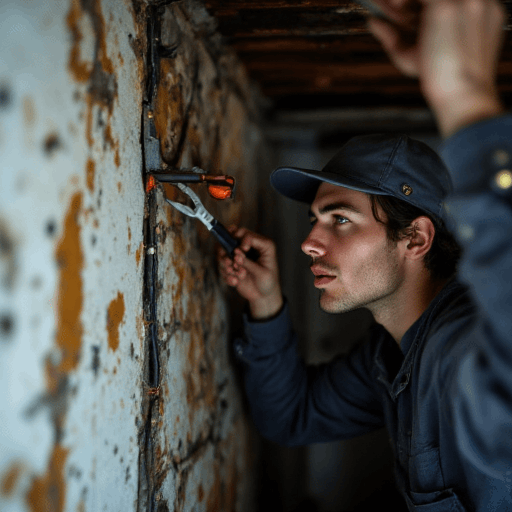 Electrician Inspects Wiring in Dim Light Young technician in cap and blue shirt inspects crumbling electrical wiring as colleague observes, with e-bike fines