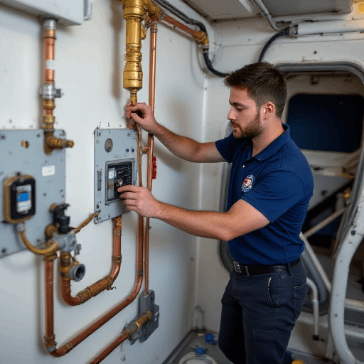 Focused technician adjusting a valve during split system installation in Brisbane — call 0420 718827 for expert service.