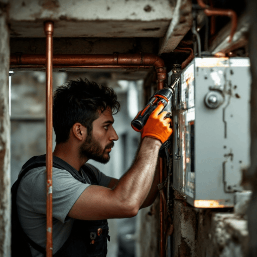 Professional AC technician focused on repairing copper utility box during residential installation