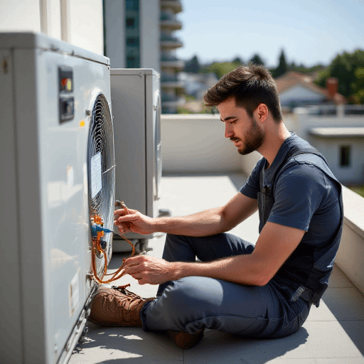 Air conditioning technician in blue uniform repairing unit wiring on concrete beside a sunny suburban home