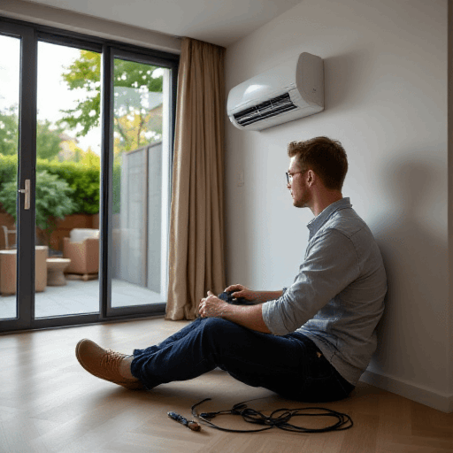 Young man reviewing split system installation notes on a laptop beside the air conditioner — call 0420 718827.