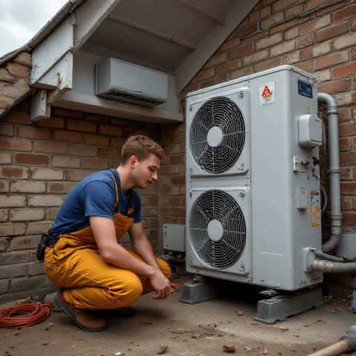 Split system installation: young technician in overalls examines outdoor AC unit against brick. Call 0420 718827.