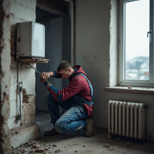 Technician at split system installation kneeling by an old radiator near exposed brickwork — call 0420 718827