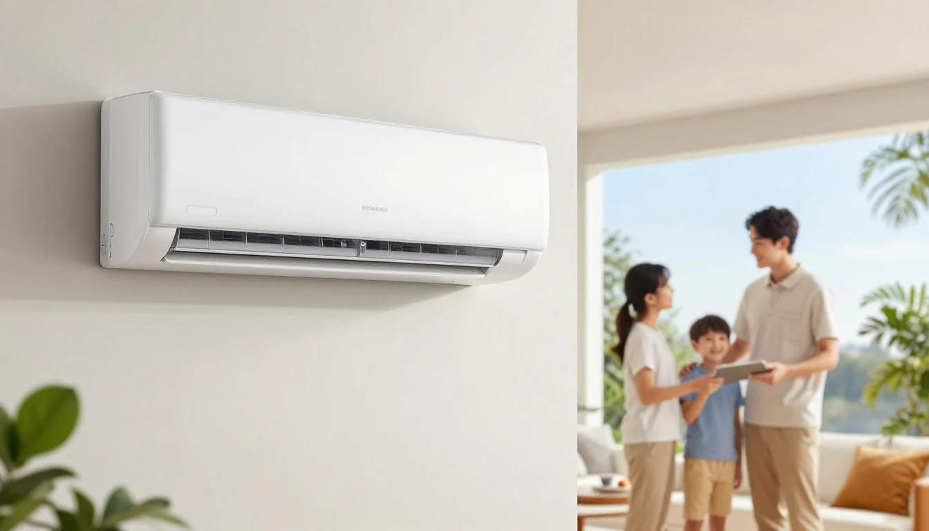 Professional technicians installing split system air conditioning units in a Brisbane home, backed by Air Conditioning