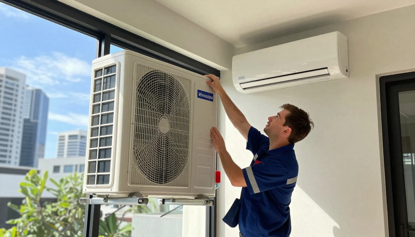 Rushing emergency air conditioning installation at night in Brisbane, showing expert technicians setting up a split system