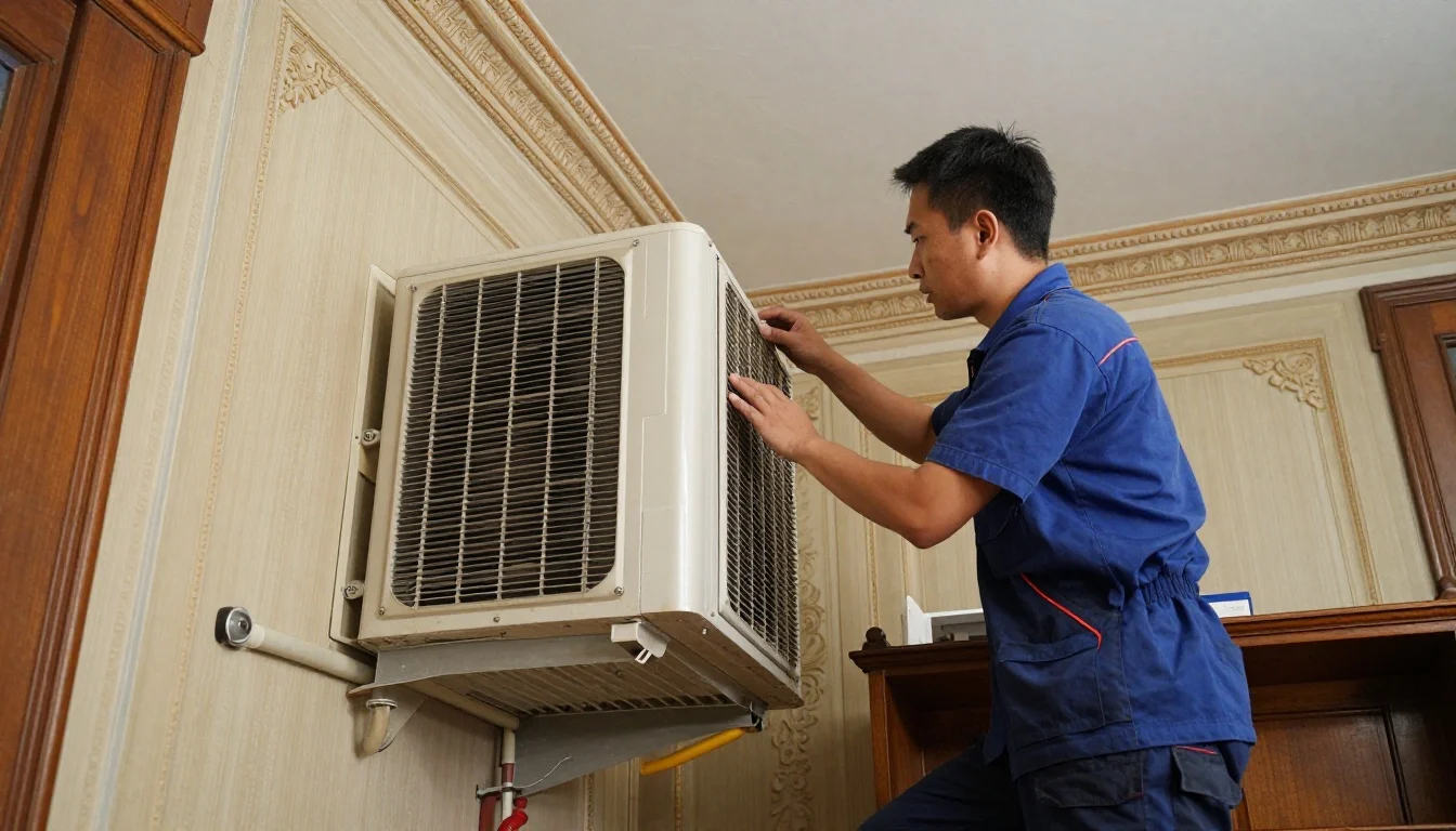 Technicians performing split system air conditioning installation in a heritage home's lounge room, ensuring minimal