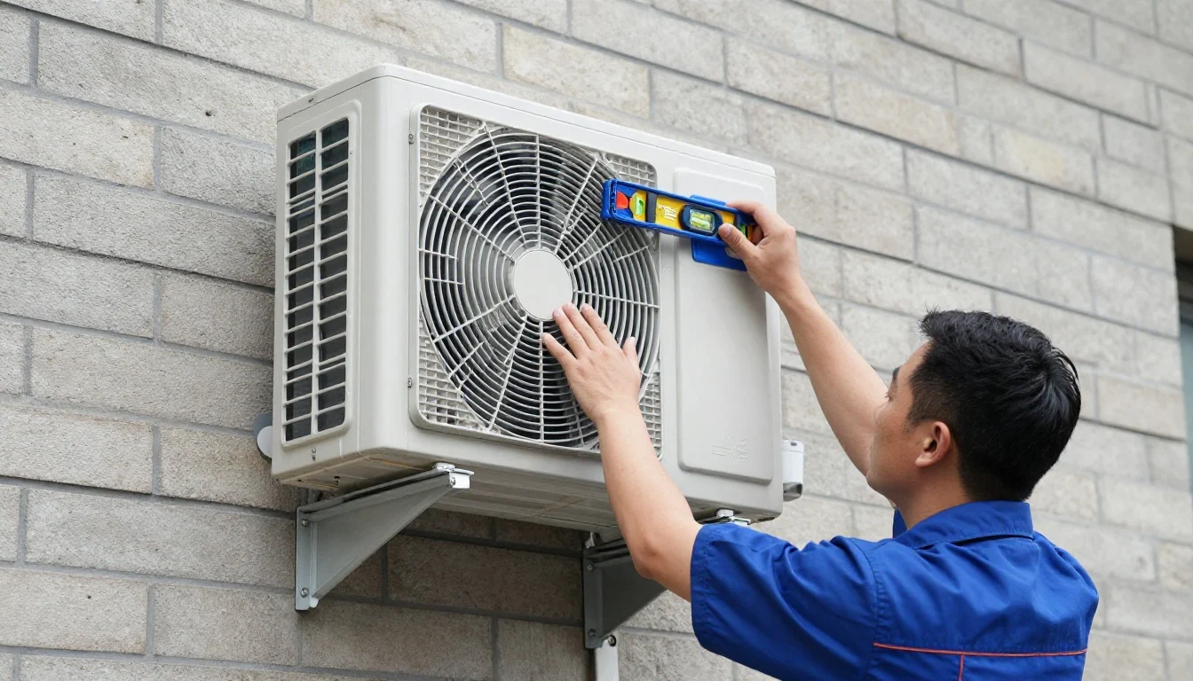 Technician mounting a modern split system air conditioning installation on a residential wall in Brisbane.