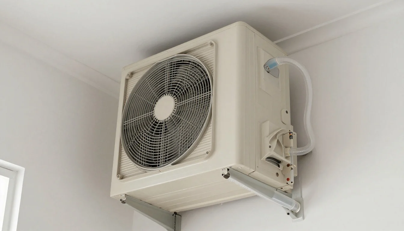 Technician installing a split system air conditioner in a Brisbane home with visible split system drainage pipework