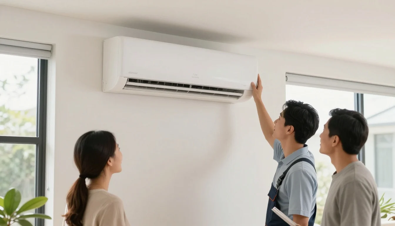 Professional technicians performing a split system installation in a Brisbane home, ensuring expert service.