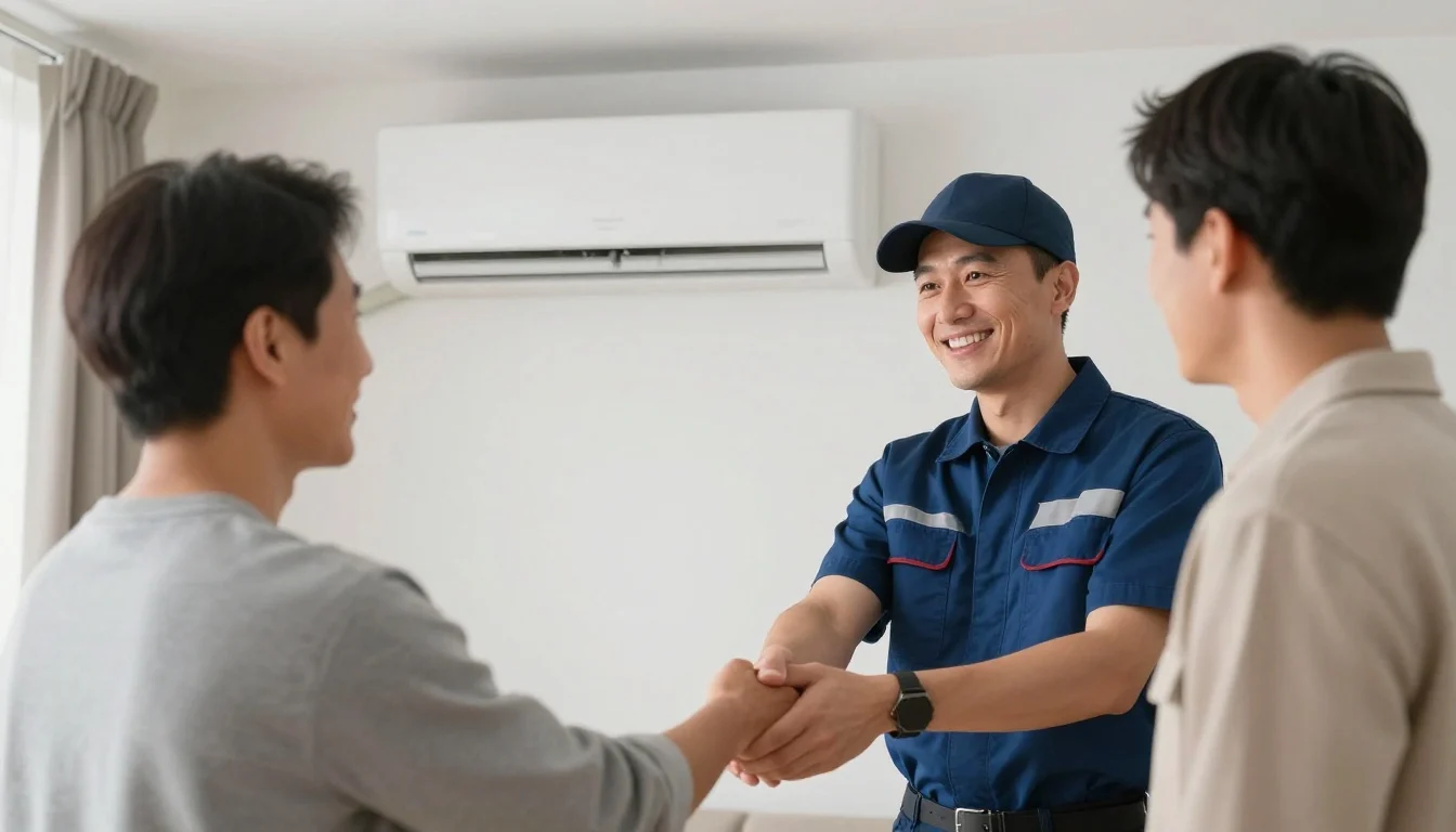 Happy Brisbane homeowner next to their newly installed split system air conditioning unit, recommending Air Conditioning