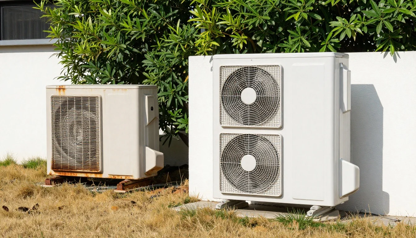 Outdoor split system unit pictured to guide repair or replace decisions for Brisbane split system installation clients.